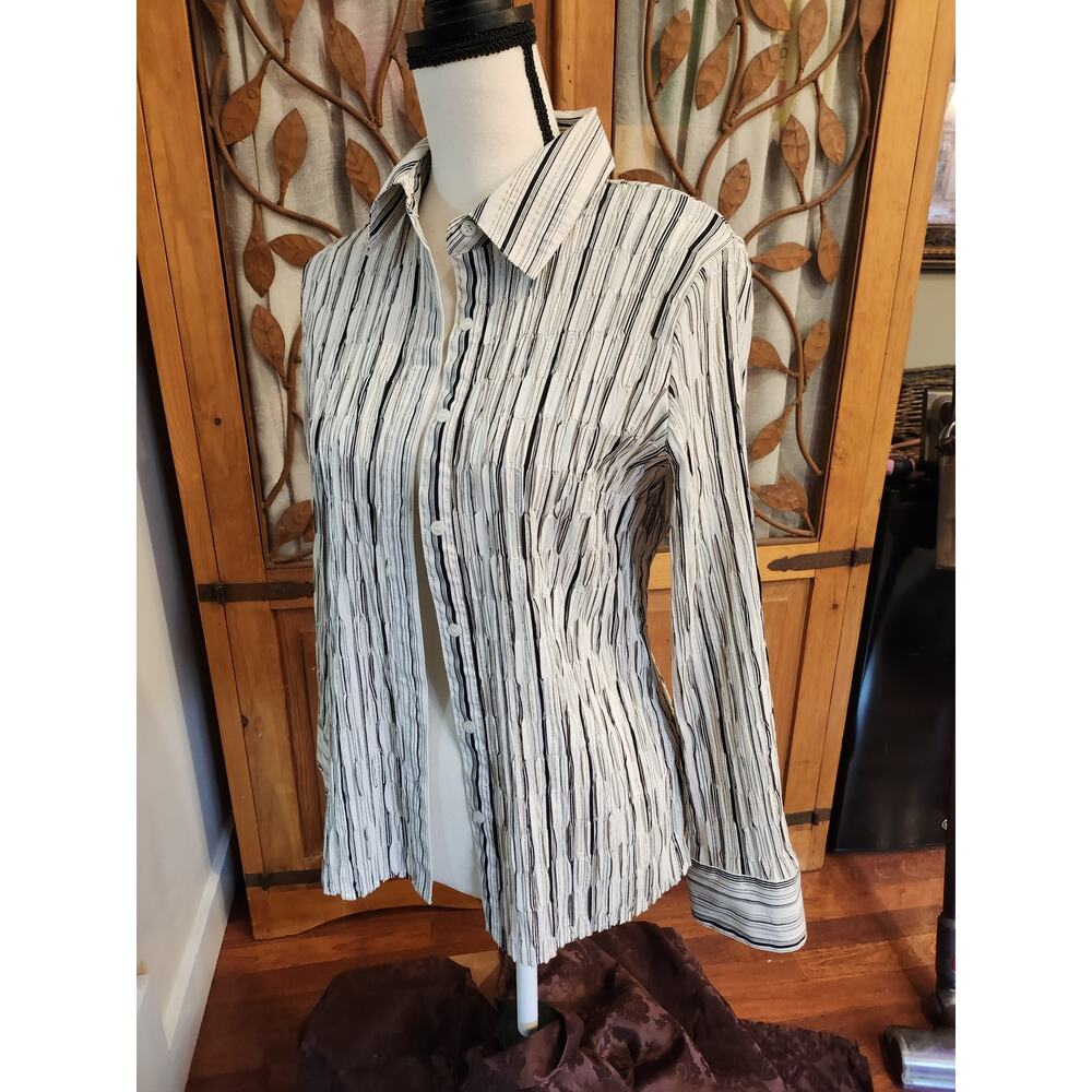East 5th, Pleated Striped Blouse, black and white, Size M